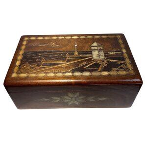 Vintage Wooden Jewelry Box Marquetry Inlay Hinged Lid 7.5x4.5x3.75" Stunning